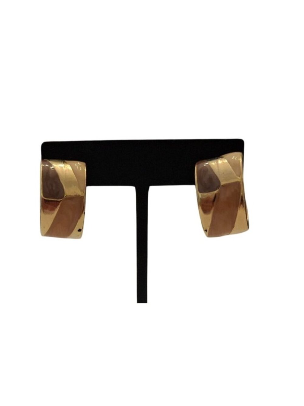 Vintage Gold Tone Blush Enamel Hoop Earrings Color Block Retro Statement Chic